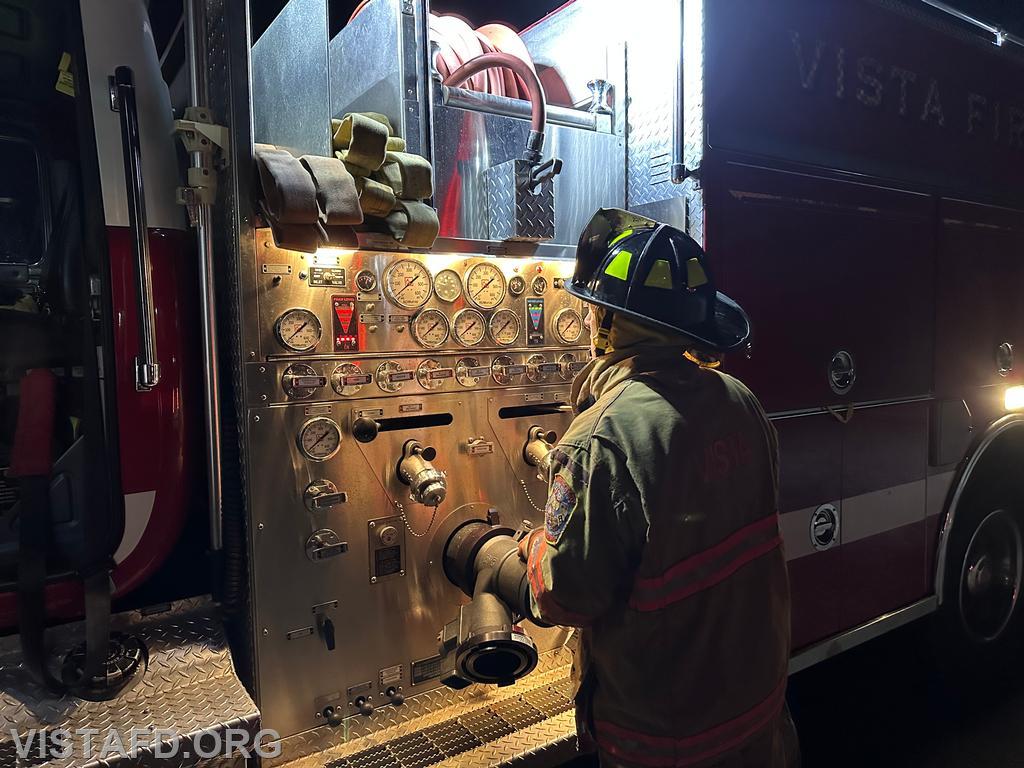 Firefighter Dan Hochman operating the Engine 142 pump panel during the Hydrant Service drill — 04/21/25
