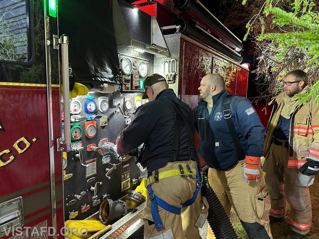 Captain Marc Baiocco and FF/EMT Ryan Huntsman operating the Engine 141 pump panel during the Hydrant Service drill — 04/21/25