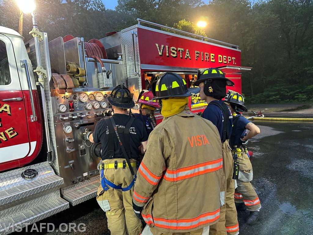 Lead Foreman Mike Peck going over the Engine 142 pump panel with Vista Firefighters – 06/09/25