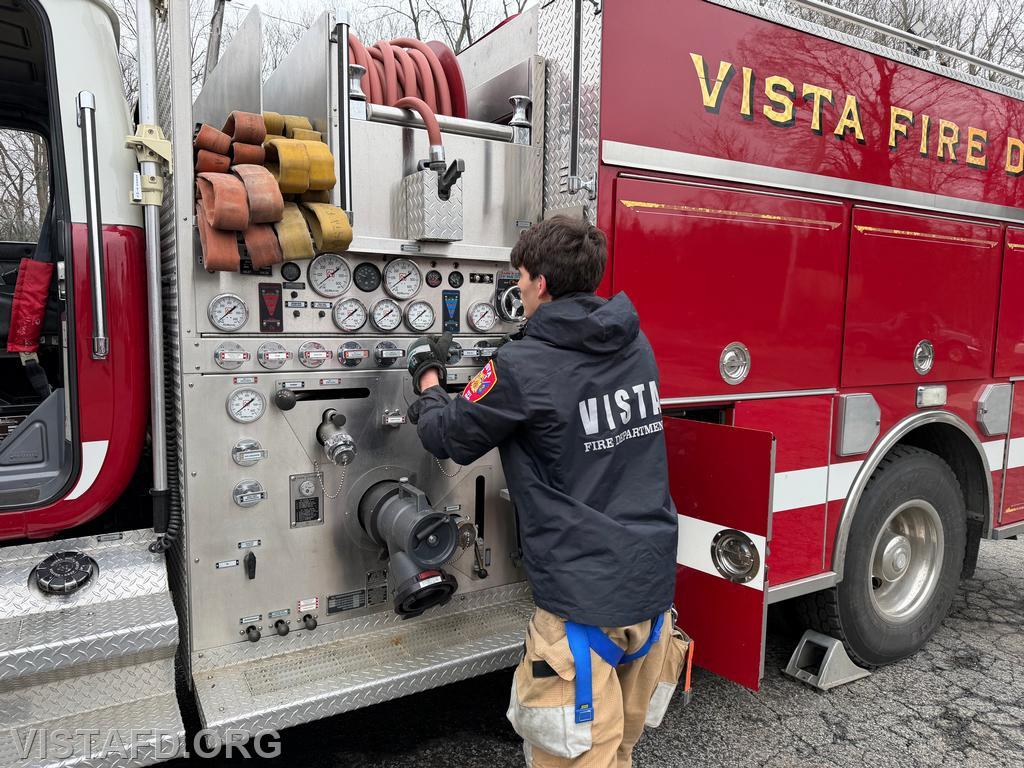 Firefighter/EMT Ashtin Rama operating the Engine 142 pump panel during driver training &ndash; 03/22/26