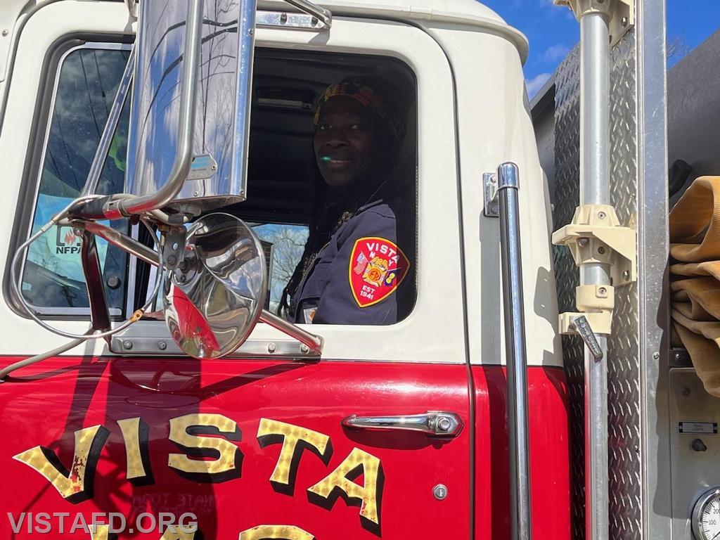 Firefighter Judith Le Gall conducting driver training on Engine 142 - 03/17/24