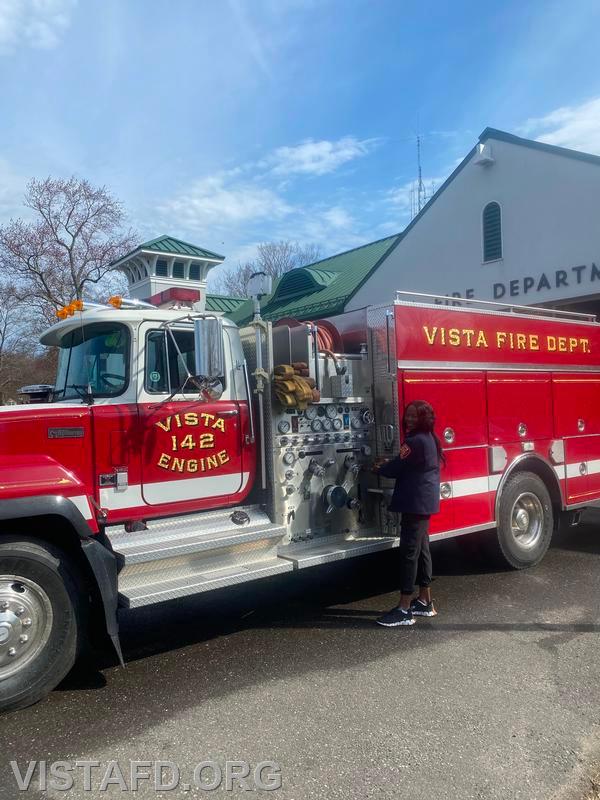 Firefighter Judith Le Gall conducting driver training on Engine 142 - 04/14/24