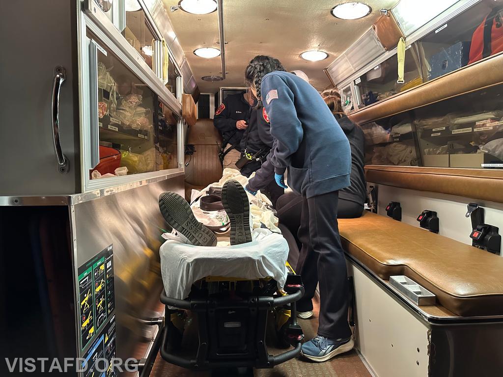 Vista Fire Department personnel treating a patient in the back of the ambulance during the &quot;EMS Call Scenarios&quot; drill - 03/17/25