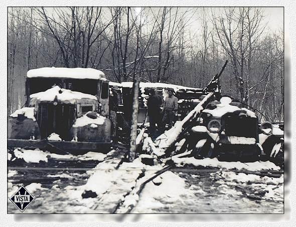1950 Mack Engine and 1926 Maxim Pumper after our Firehouse burned down in 1954