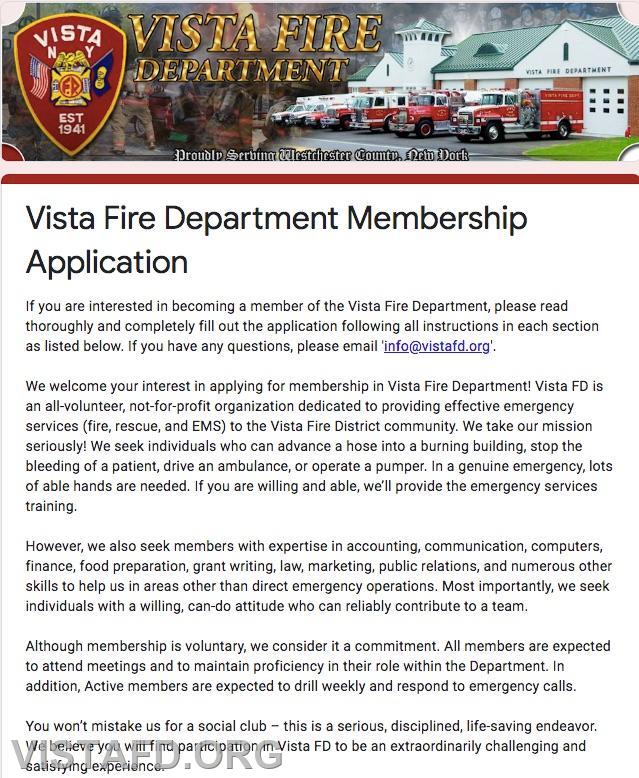 Vista Volunteer Fire Department Online Application