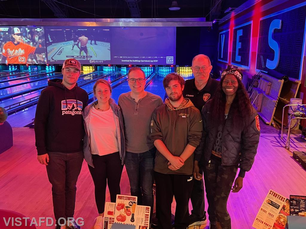 Firefighter Peter Sloan, Foreman Elly Hersam, Assistant Chief Brian Porco, Probationary EMT Candidate Connor Mulcahy, Ex-Chief Jim Hackett and EMT Candidate Judith Le Gall go bowling during one of "thank you events" 