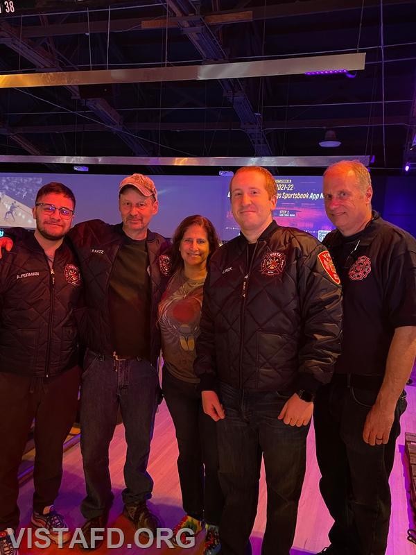 Firefighter Adam Ferman, Firefighter Phil Katz, EMT Debbie Ferman, Chief Jeff Peck and Ex-Chief Bill Dingee go bowling during one of "thank you events" 