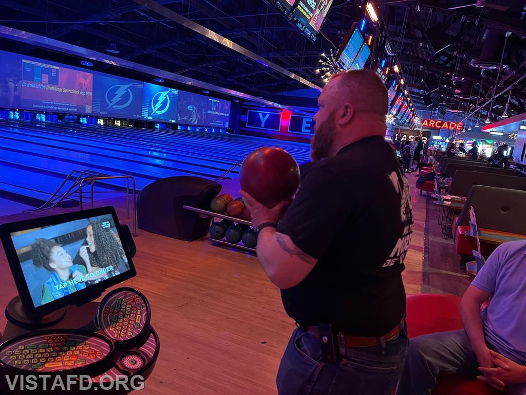 Firefighter Robert Woodstead bowling during one of our "thank you events"