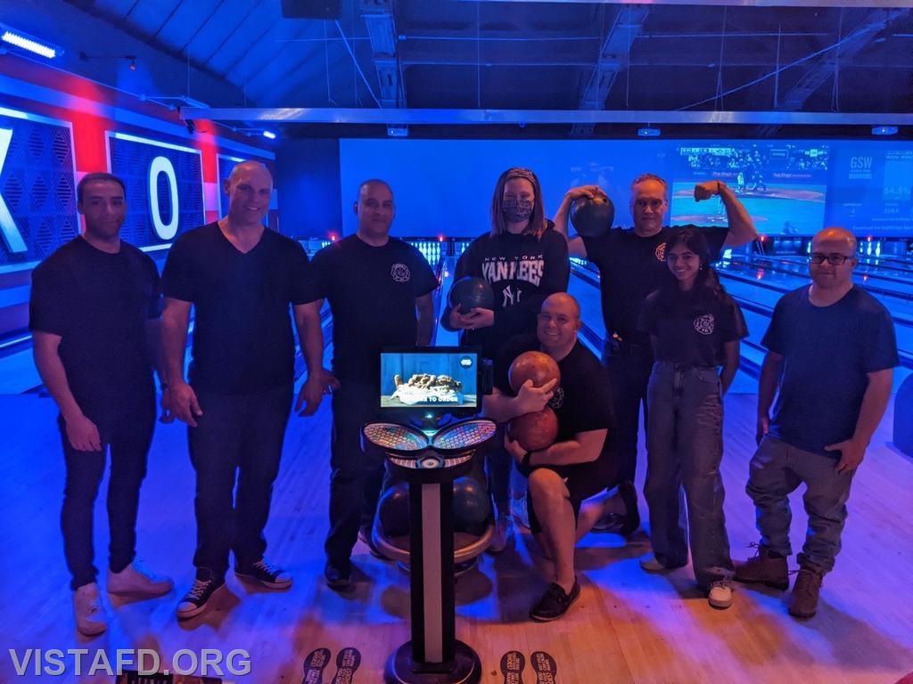 Firefighter Eric Lavelanet, Lieutenant Marc Baiocco, Lead Foreman Dan Castelhano, EMT Isabel Fry, Probationary Firefighter/EMT Candidate Ryan Huntsman, Probationary EMT Candidate Robert Magilton, Probationary EMT Candidate Savannah Phillips and Foreman Ryan Ruggiero go bowling during one of "thank you events" 