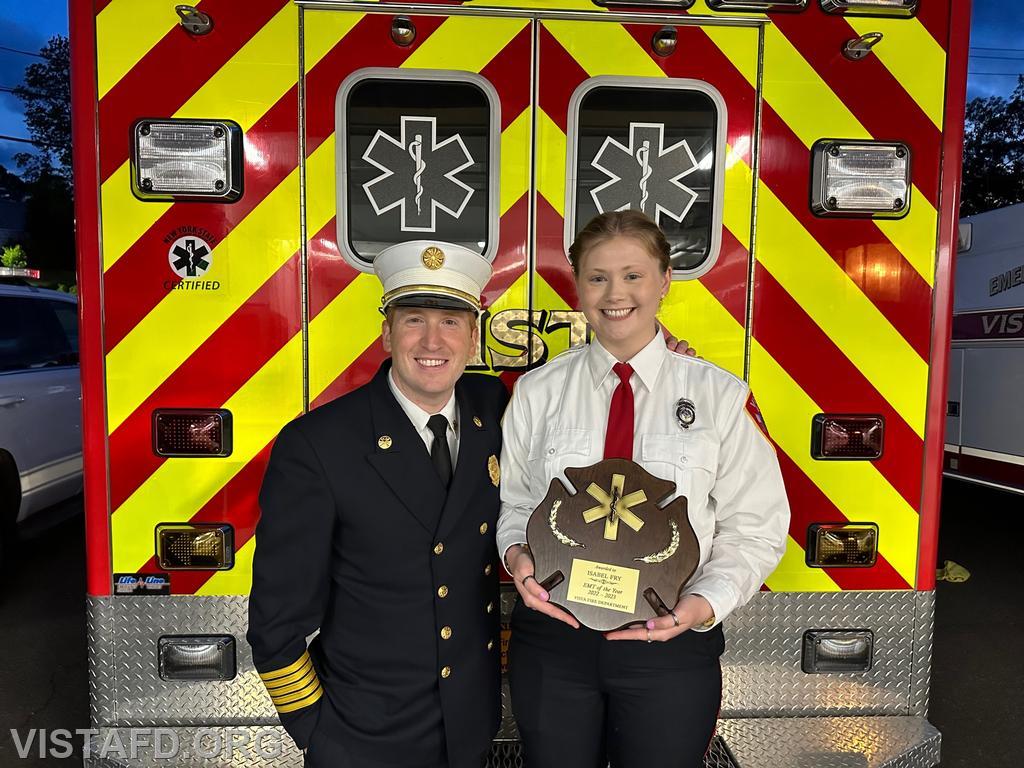 Chief Jeff Peck with 2022-2023 Vista Fire Department EMT of the Year Foreman Isabel Fry 