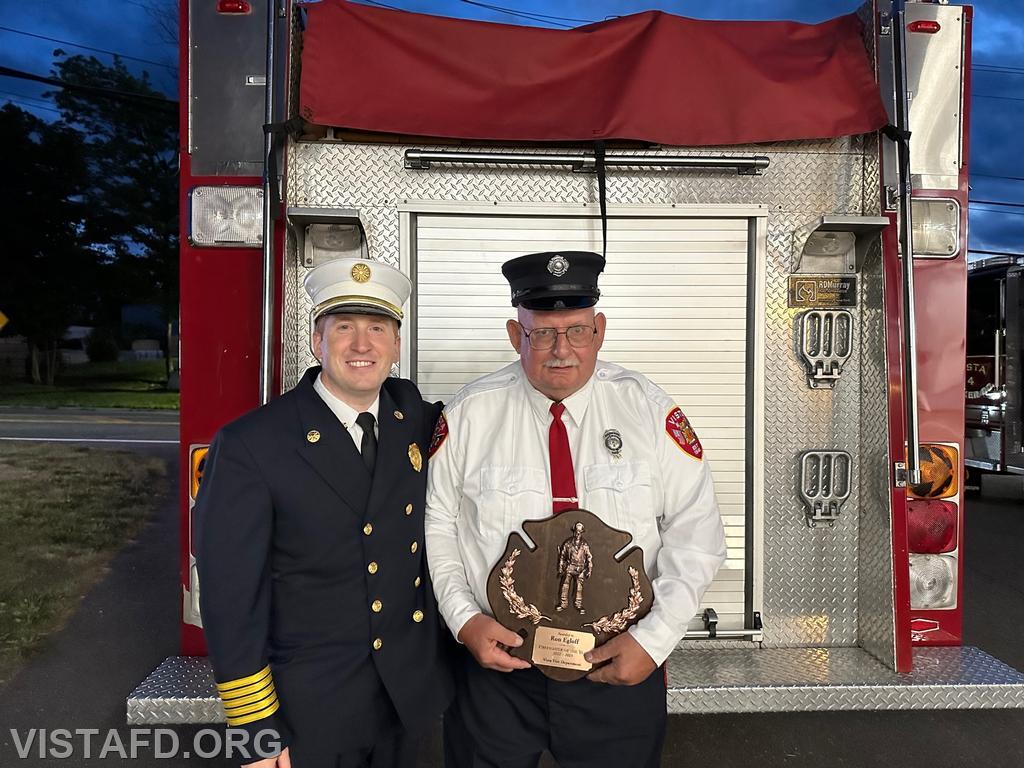 Chief Jeff Peck with 2022-2023 Vista Fire Department Firefighter of the Year Firefighter Ron Egloff