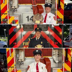 Foreman Pietro Cipriano (Firefighter of the Year), Lieutenant Dan Castelhano (EMT of the Year), and Firefighter/EMT Ashtin Rama (Rookie of the Year) pose with their awards at the 2026 Vista Fire Department Annual Dinner